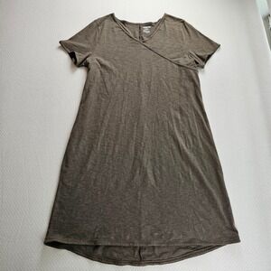 Duluth Trading Brown Green Slub Knit V-Neck Short Sleeve T-Shirt Dress L Lounge